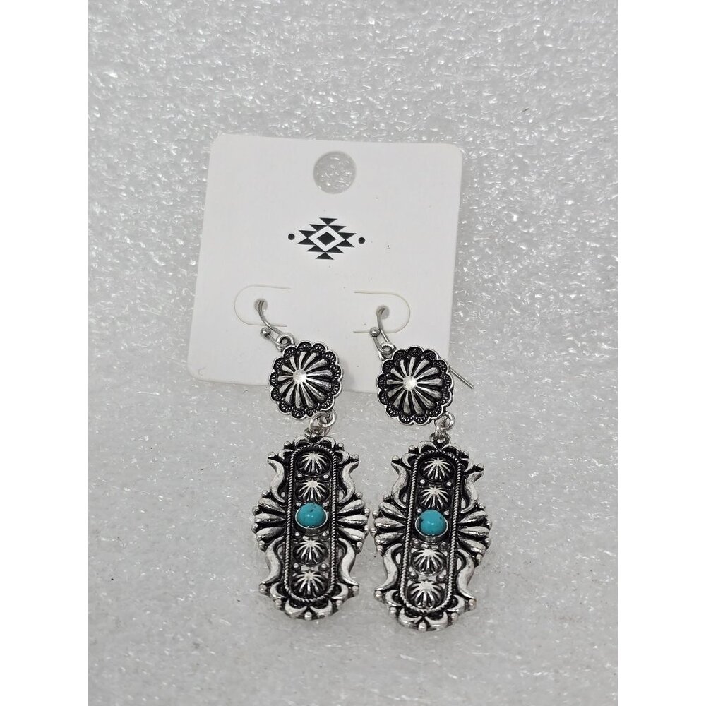 Southwestern Style Silver Tone & Faux Turquoise Western Dangle Earrings